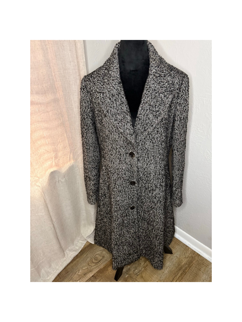 Michael Kors Women's Black and White Herringbone Pea Coat Large